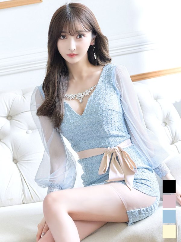 画像3: SALE!ブラックツイードチュールスリーブドレス/チェック柄/レース/リボンベルト/ビジュー/タイト/透け/谷間見せ/キャバドレス/ミニドレス【S-XLサイズ/4カラー】[OF03-X] 【YN】dz