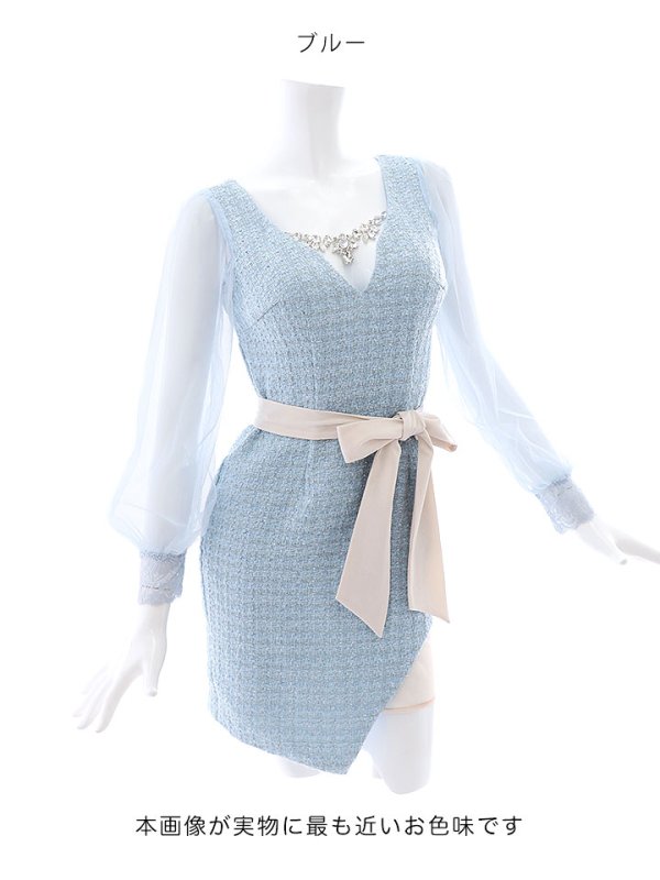 画像16: SALE!ブラックツイードチュールスリーブドレス/チェック柄/レース/リボンベルト/ビジュー/タイト/透け/谷間見せ/キャバドレス/ミニドレス【S-XLサイズ/4カラー】[OF03-X] 【YN】dz