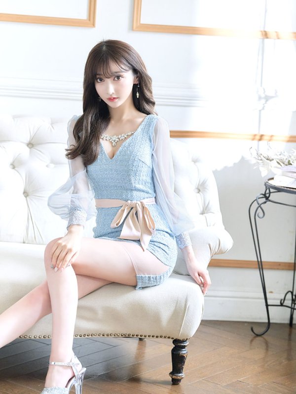 画像12: SALE!ブラックツイードチュールスリーブドレス/チェック柄/レース/リボンベルト/ビジュー/タイト/透け/谷間見せ/キャバドレス/ミニドレス【S-XLサイズ/4カラー】[OF03-X] 【YN】dz