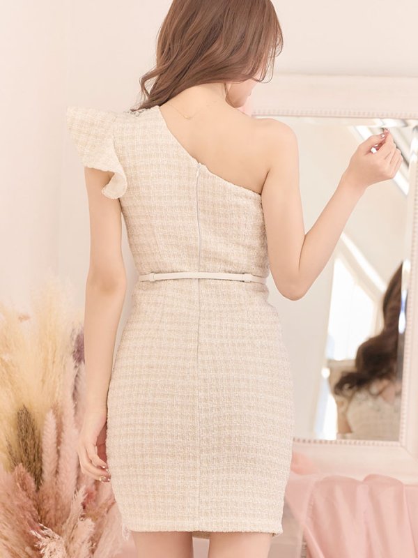 画像16: SALE!再入荷!ワンショルダーデコルテ刺繍ドレス/ツイード/フェイクスリット/谷間魅せ/ミニドレス/キャバドレス【S-Lサイズ/2カラー】[OF03-X] 【YN】