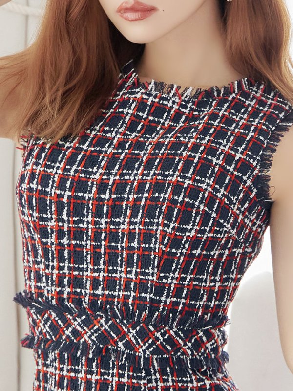 画像6: SALE!ツイードノースリーブワンピースドレス/チェック柄/ツイード/ノースリーブ/胸元隠し/背中隠し/ミディアム丈/タイト/キャバドレス/ミディアムドレス【S-Lサイズ/3カラー】[OF03] 【YN】dz