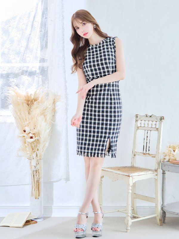 画像4: SALE!ツイードノースリーブワンピースドレス/チェック柄/ツイード/ノースリーブ/胸元隠し/背中隠し/ミディアム丈/タイト/キャバドレス/ミニドレス【S-Lサイズ/3カラー】[OF03] 【YN】dz