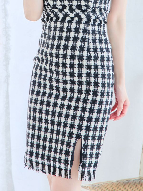 画像15: SALE!ツイードノースリーブワンピースドレス/チェック柄/ツイード/ノースリーブ/胸元隠し/背中隠し/ミディアム丈/タイト/キャバドレス/ミニドレス【S-Lサイズ/3カラー】[OF03] 【YN】dz