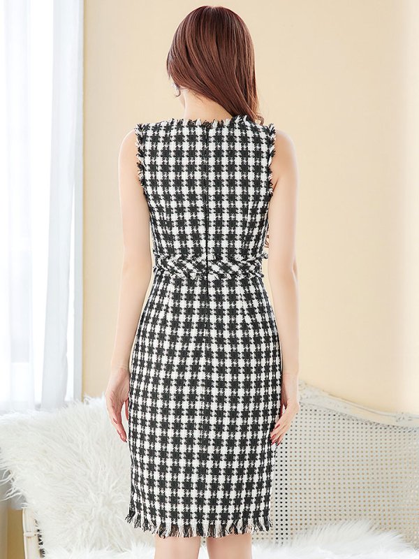 画像9: SALE!ツイードノースリーブワンピースドレス/チェック柄/ツイード/ノースリーブ/胸元隠し/背中隠し/ミディアム丈/タイト/キャバドレス/ミニドレス【S-Lサイズ/3カラー】[OF03] 【YN】dz