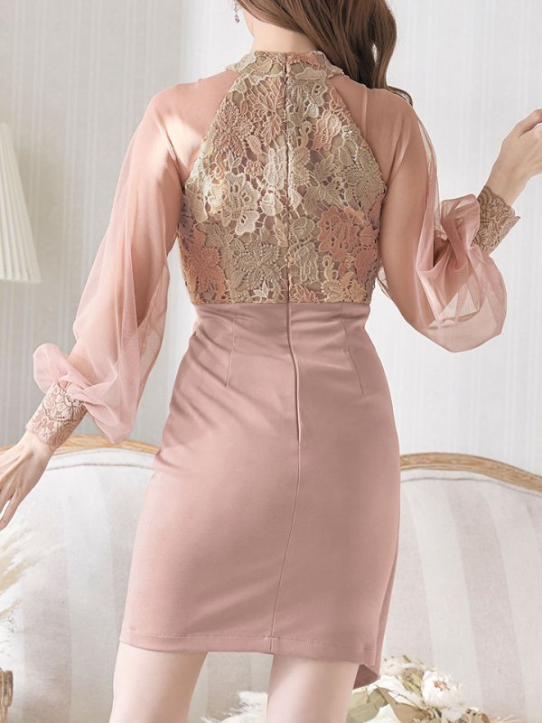 画像6: SALE!再入荷！刺繍レイヤードドレス/チュール/ベルト/ホルターネック/バストカット/谷間見せ/タイト/ミディアム丈/ミニドレス/キャバドレス【S-XLサイズ/1カラー】[HC02] 【YN】dzw