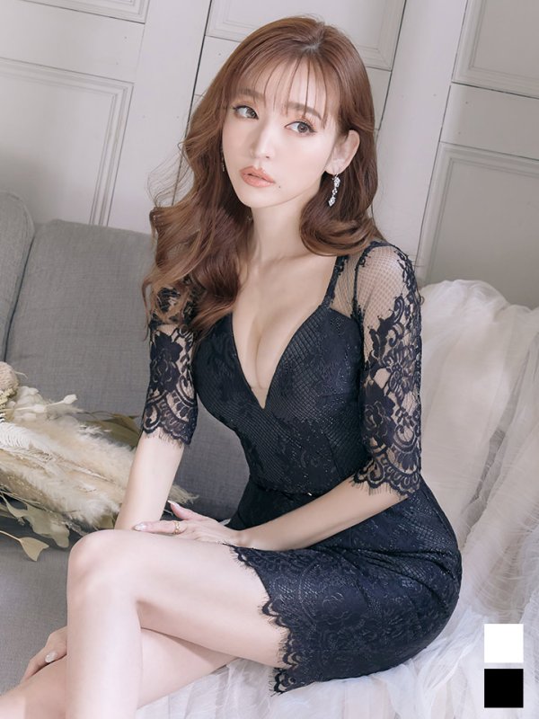 画像2: SALE!再入荷!総レース/ベルト/深Vカット/谷間魅せ/背中魅せ/ロングスリーブ/タイト/キャバドレス/ミニドレス【S-Lサイズ/3カラー】[OF03-U]【YN】