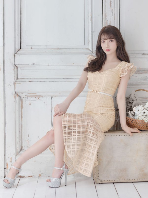 画像13: 【sifeel/シフィール】チェック柄レース/フリル/ベルト付/背中隠し/ワンピース/マーメイドスカート/キャバドレス/ミディアムドレス【S-XLサイズ/2カラー】[OF03-X] 【YN】