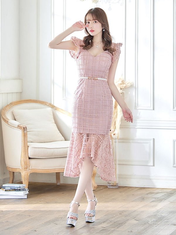 画像3: 【sifeel/シフィール】チェック柄レース/フリル/ベルト付/背中隠し/ワンピース/マーメイドスカート/キャバドレス/ミディアムドレス【S-XLサイズ/2カラー】[OF03-X] 【YN】