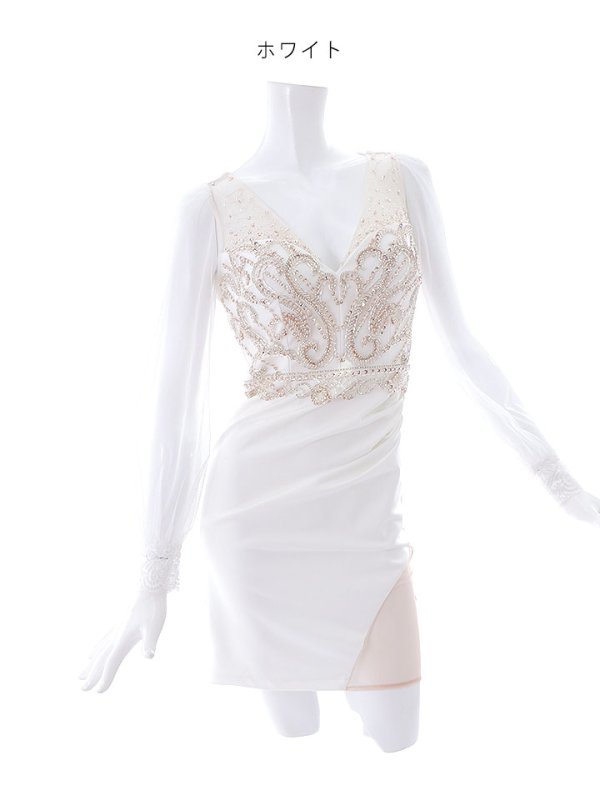 画像35: SALE!【新色登場！】ビジュー刺繍チュール袖ドレス/レース/チュール/ビジュー/透け/ゴージャス/谷間見せ/キャバドレス/ミニドレス【S-Lサイズ/6カラー】[OF03-X] 【YN】dzw