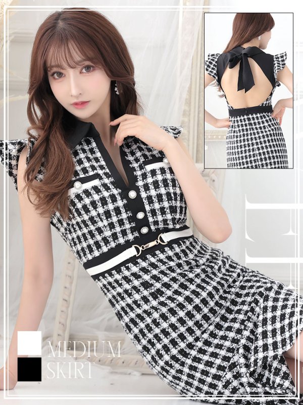 画像5: SALE!選べるスカート丈ドレス/ツイード/リボン/飾りベルト/背中見せ/ミディアムドレス/キャバドレス【S-Lサイズ/2カラー】[OF03] 【YN】dzw