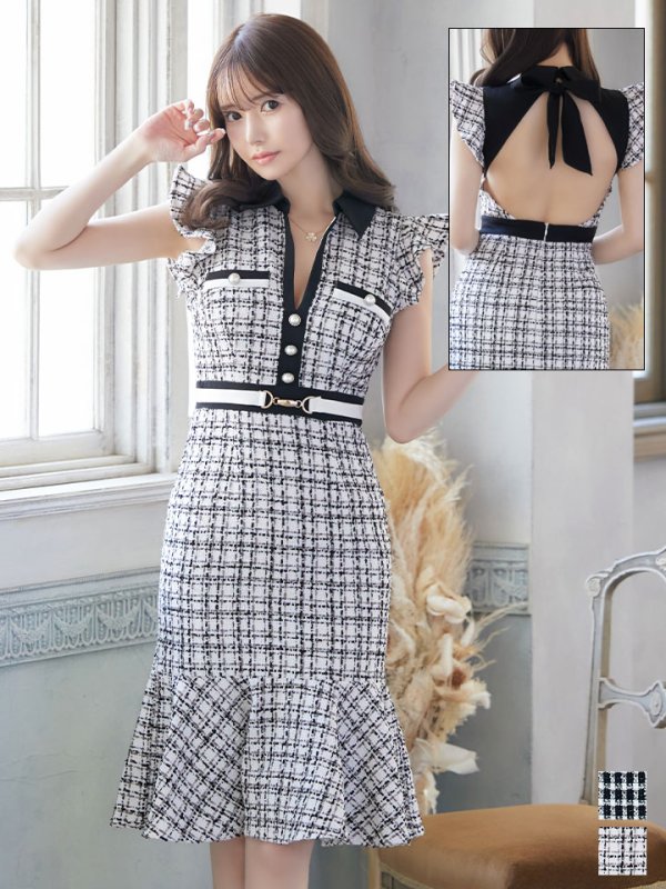 画像4: SALE!選べるスカート丈ドレス/ツイード/リボン/飾りベルト/背中見せ/ミディアムドレス/キャバドレス【S-Lサイズ/2カラー】[OF03] 【YN】dzw