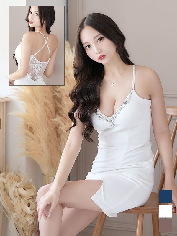 画像2: SALE!ワンカラーバックレースミニドレス/無地/ノースリーブ/キャミソール/ビジュー/レース/スリット/谷間見せ/背中見せ/タイト/ミニドレス/キャバドレス【S-Lサイズ/3カラー】[HC02] 【YN】dzj