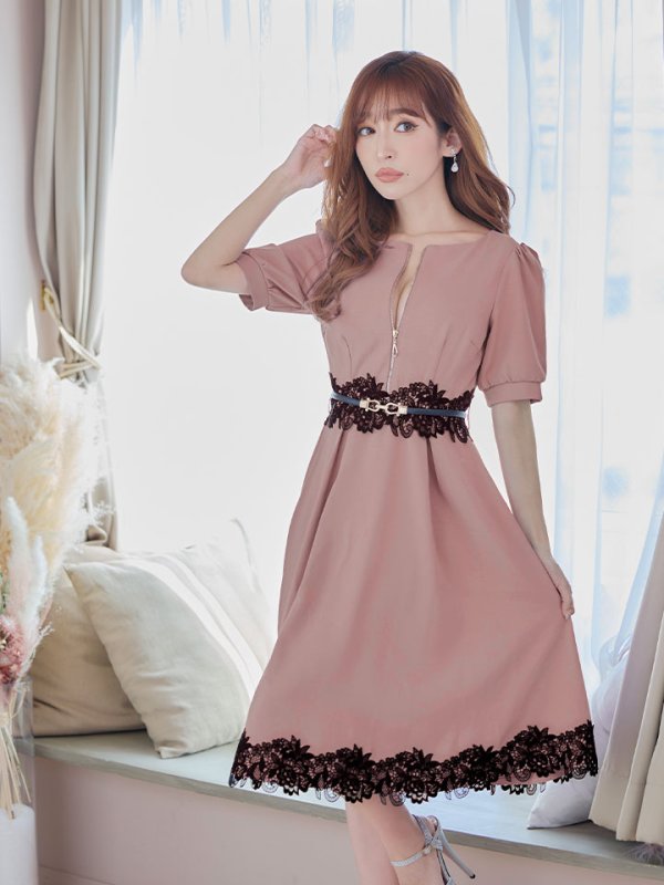 画像3: SALE!【sifeel/シフィール】Aラインワンピースドレス/フレアー/ジップアップ/刺繍レース/ベルト/谷間隠し/背中隠し/ミディアムドレス/キャバドレス/パッド無し【S-XLサイズ/3カラー】[OF03-X] 【YN】dzw