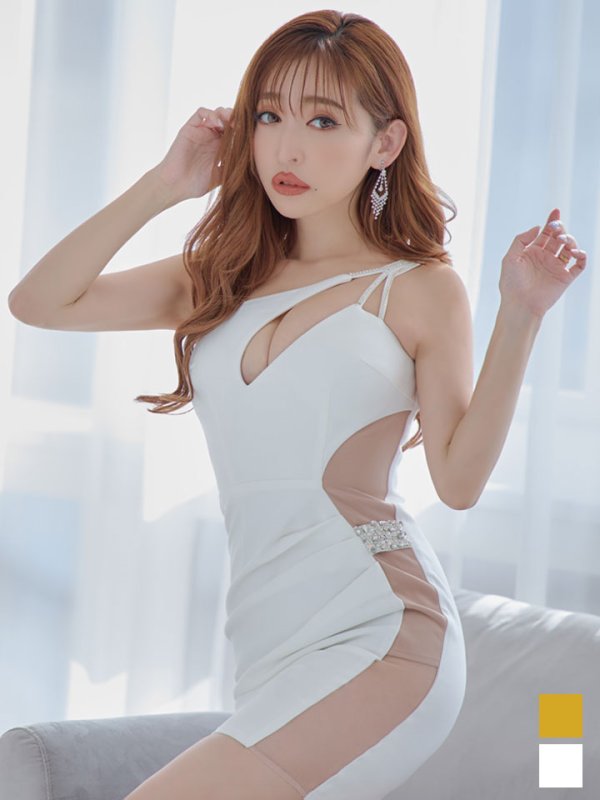 画像2: SALE!ビジュー/胸元見せ/タイト/サイドシアー/上品/セクシー/ストレッチ/無地/キャバドレス/ミニドレス【S-Lサイズ/2カラー】[[OF03-X] 【YN】dzj