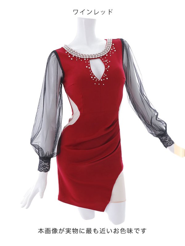 画像16: SALE!チュールスリーブドレス/ビジュー/谷間見せ/ミニドレス/キャバドレス【S-XLサイズ/2カラー】[OF03-X]【YN】dzw