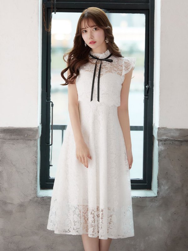画像1: SALE!【sifeel/シフィール】花柄総レースワンピースドレス/リボン/レース/透け/胸元隠し/背中隠し/ワンピース/フレアー/ミディアムドレス/キャバドレス【S-Lサイズ/2カラー】[OF08] 【YN】dzw