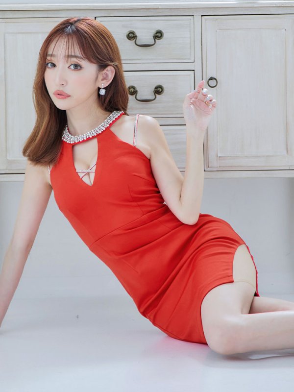 画像7: SALE!ノースリーブドレス/ビジュー/パール/ホルターネック/谷間見せ/ミニドレス/キャバドレス【XS-Mサイズ/1カラー】【YN】[OF03]