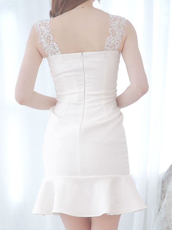 画像6: 【送料無料！】ヌーディーホワイト刺繍レースドレス/ノースリーブ/花柄刺繍/スパンコール/谷間見せ/タイト/マーメイド/ミニドレス/キャバドレス 【XS-Mサイズ/1カラー】[HC02-U] 【YN】dzw