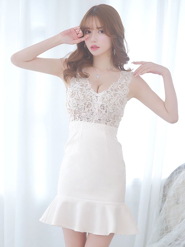 画像8: 【送料無料！】ヌーディーホワイト刺繍レースドレス/ノースリーブ/花柄刺繍/スパンコール/谷間見せ/タイト/マーメイド/ミニドレス/キャバドレス 【XS-Mサイズ/1カラー】[HC02-U] 【YN】dzw