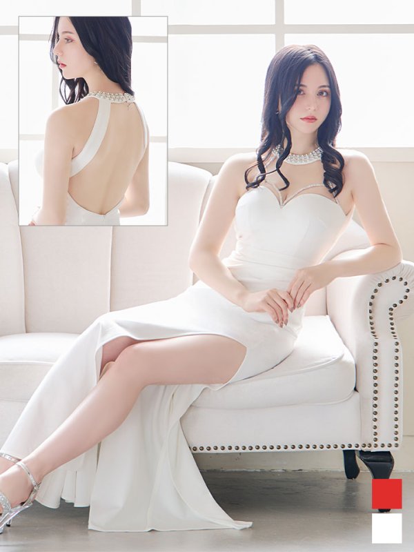 画像2: SALE!ホルターネックロングドレス/ワンカラー/シアー/ビジュー/ノースリーブ/背中見せ/谷間見せ/ロングドレス/キャバドレス 【S-Lサイズ/2カラー】[OF08-X] 【YN】dzk