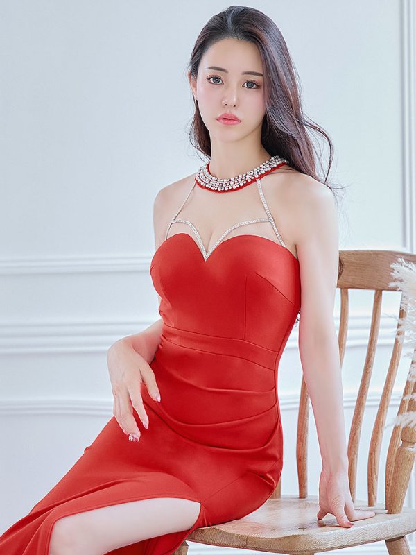 画像1: SALE!ホルターネックロングドレス/ワンカラー/シアー/ビジュー/ノースリーブ/背中見せ/谷間見せ/ロングドレス/キャバドレス 【S-Lサイズ/2カラー】[OF08-X] 【YN】dzk