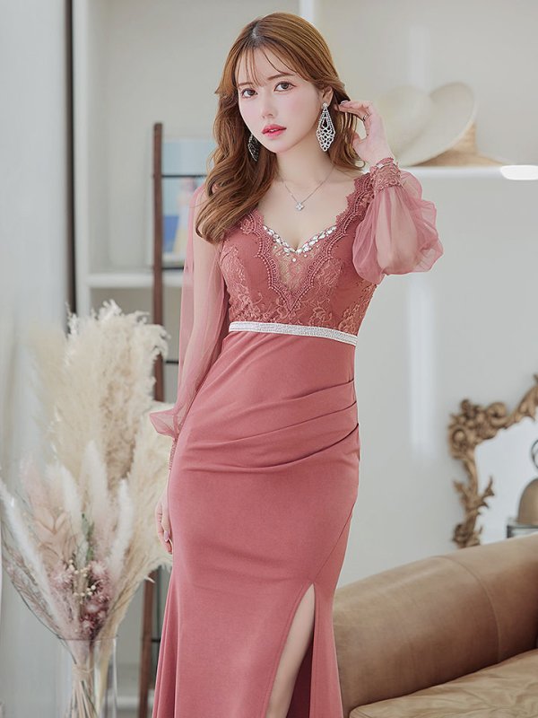 画像6: 新色登場！刺繍ボリュームシアーチュールスリーブドレス/刺繍レース/ビジュー/谷間見せ/ロングドレス/キャバドレス【S-Lサイズ/2カラー】[HC02]  【YN】dzw