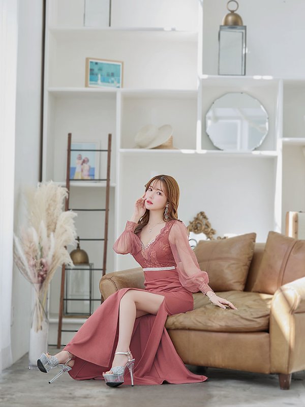 画像16: 再入荷!【送料無料】刺繍ボリュームシアーチュールスリーブドレス/刺繍レース/ビジュー/谷間見せ/ロングドレス/キャバドレス【S-Lサイズ/4カラー】[HC02]  【YN】dzw