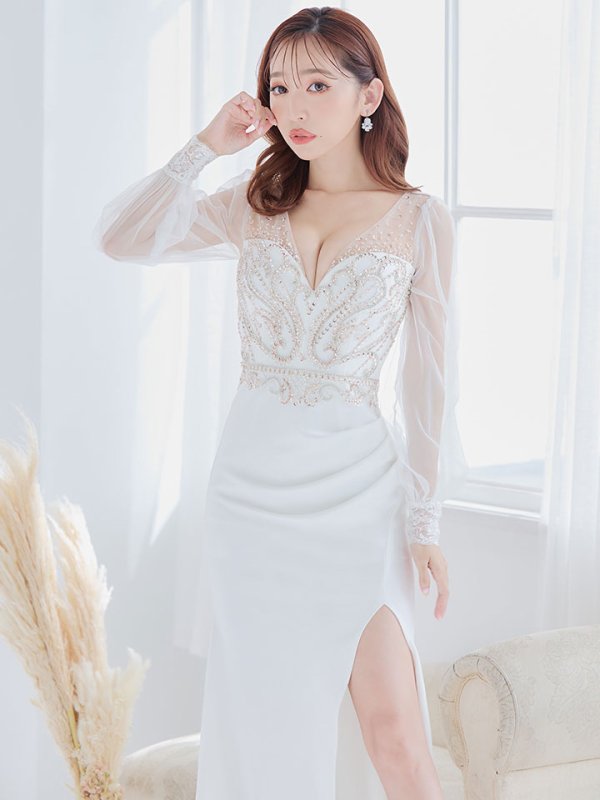 画像5: 【送料無料！】新色登場！デコラティブビジューロングドレス/シアー/ロングスリーブ/タイト/谷間見せ/背中隠し/ロングドレス/キャバドレス【S-Lサイズ/3カラー】[HC02] 【YN】dzw