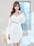 SALE!ワンカラービジュードレス/タイト/ストレッチ/肌見せ/シアー袖/ロングスリーブ/谷間見せ/ミニドレス/キャバドレス 【S-Lサイズ/2カラー】[OF08] 【YN】dzcw
