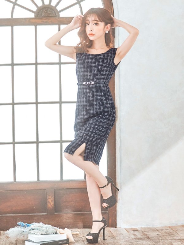 画像4: SALE!チェックツイードノースリーブドレス/ノースリーブ/スリット/胸元隠し/背中隠し/タイト/ミディアムドレス/キャバドレス/ミニドレス【S-Lサイズ/2カラー】[HC02-X] 【YN】dzw