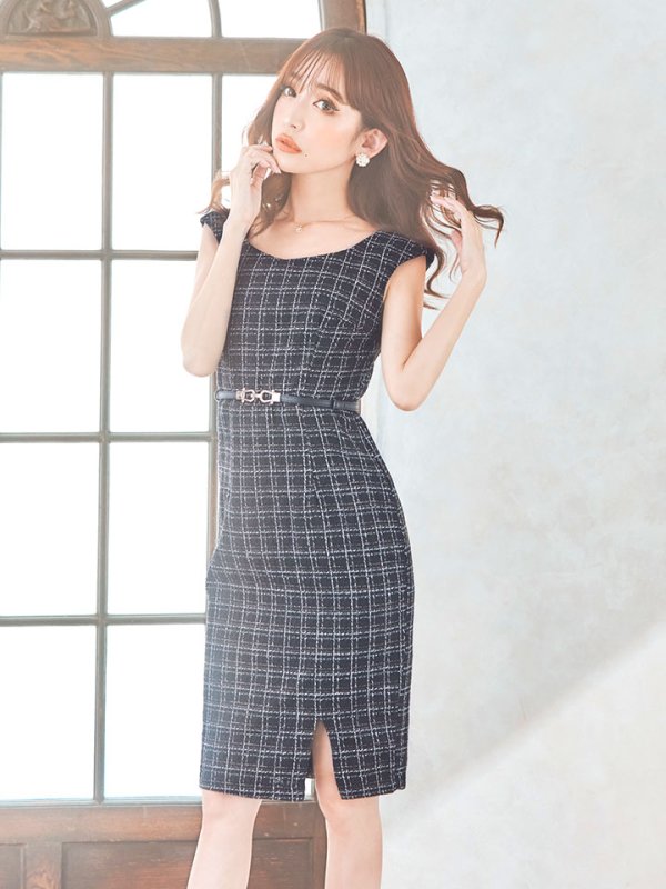 画像5: SALE!チェックツイードノースリーブドレス/ノースリーブ/スリット/胸元隠し/背中隠し/タイト/ミディアムドレス/キャバドレス/ミニドレス【S-Lサイズ/2カラー】[HC02-X] 【YN】dzw
