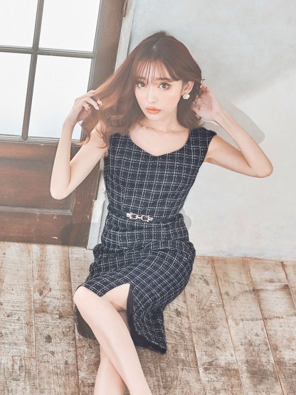 画像6: SALE!チェックツイードノースリーブドレス/ノースリーブ/スリット/胸元隠し/背中隠し/タイト/ミディアムドレス/キャバドレス/ミニドレス【S-Lサイズ/2カラー】[HC02-X] 【YN】dzw