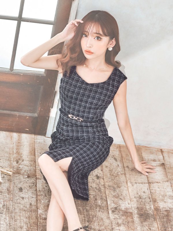 画像14: SALE!チェックツイードノースリーブドレス/ノースリーブ/スリット/胸元隠し/背中隠し/タイト/ミディアムドレス/キャバドレス/ミニドレス【S-Lサイズ/2カラー】[HC02-X] 【YN】dzw