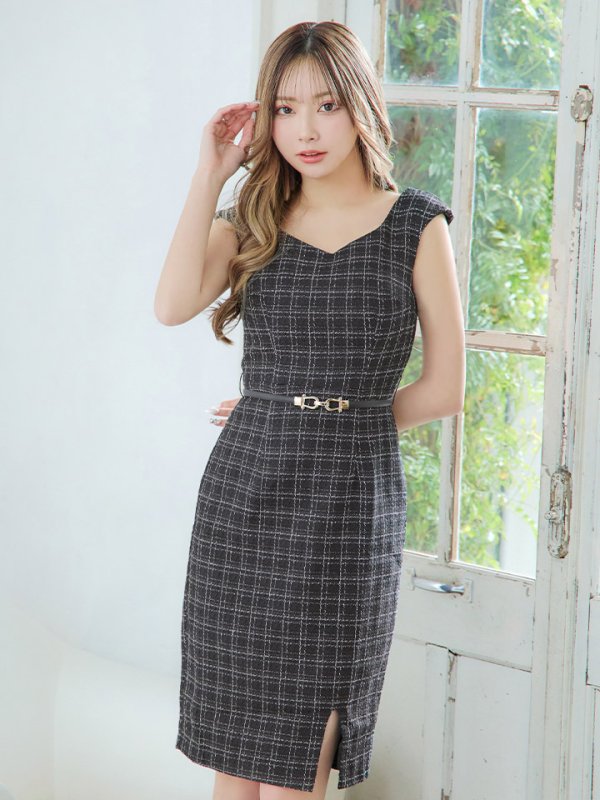 画像9: SALE!チェックツイードノースリーブドレス/ノースリーブ/スリット/胸元隠し/背中隠し/タイト/ミディアムドレス/キャバドレス/ミニドレス【S-Lサイズ/2カラー】[HC02-X] 【YN】dzw
