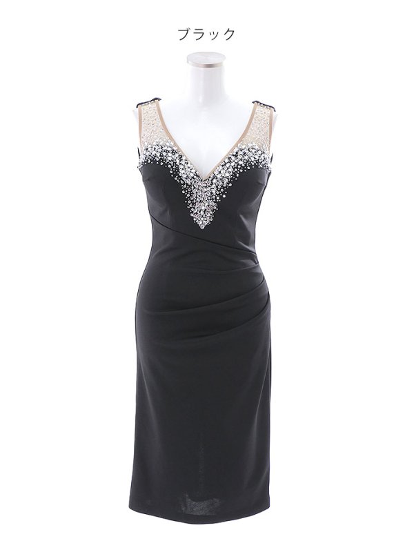 画像43: SALE!ノースリーブビジュードレス/シアー/ストレッチ/無地/ビジュー/タイト/谷間見せ/キャバドレス/ミディアムドレス【XS-Mサイズ/2カラー】[HC02] 【YN】dzw