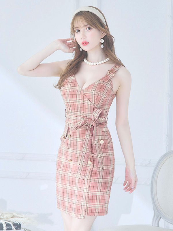 画像3: サマーチェックキャミリボンドレス/ノースリーブ/ボタン/リボンベルト/谷間見せ/背中見せ/ミニドレス/キャバドレス 【XS-Mサイズ/1カラー】[HC02] 【YN】dzw
