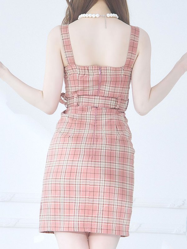 画像6: サマーチェックキャミリボンドレス/ノースリーブ/ボタン/リボンベルト/谷間見せ/背中見せ/ミニドレス/キャバドレス 【XS-Mサイズ/1カラー】[HC02] 【YN】dzw