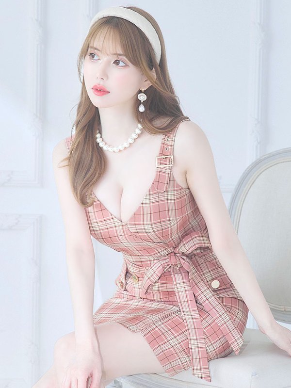 画像7: サマーチェックキャミリボンドレス/ノースリーブ/ボタン/リボンベルト/谷間見せ/背中見せ/ミニドレス/キャバドレス 【XS-Mサイズ/1カラー】[HC02] 【YN】dzw