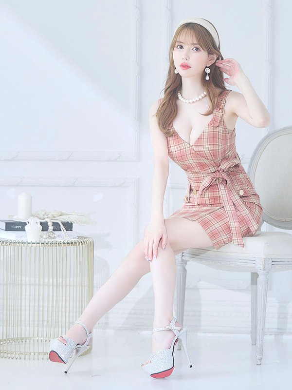 画像9: サマーチェックキャミリボンドレス/ノースリーブ/ボタン/リボンベルト/谷間見せ/背中見せ/ミニドレス/キャバドレス 【XS-Mサイズ/1カラー】[HC02] 【YN】dzw