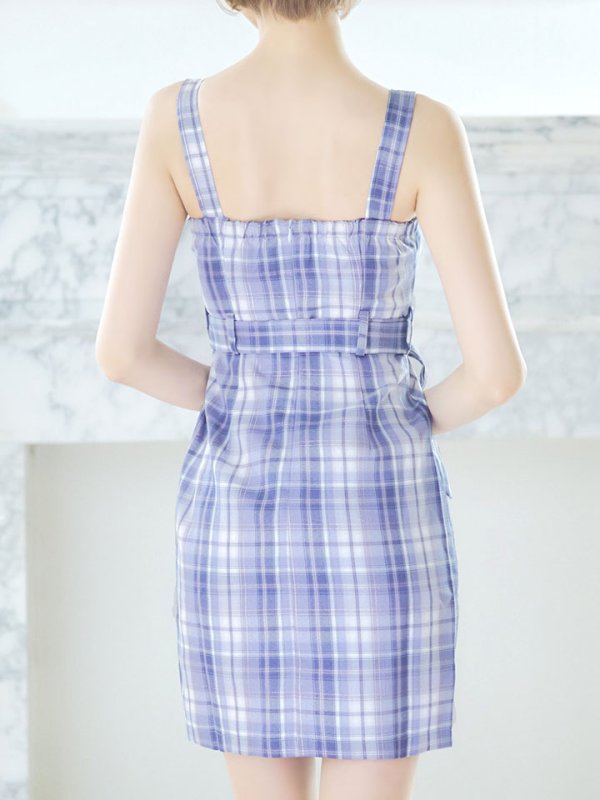 画像8: SALE!チェックキャミリボンドレス/ノースリーブ/ボタン/リボンベルト/谷間見せ/背中見せ/ミニドレス/キャバドレス 【XS-Mサイズ/1カラー】[HC02-U] 【YN】dzw