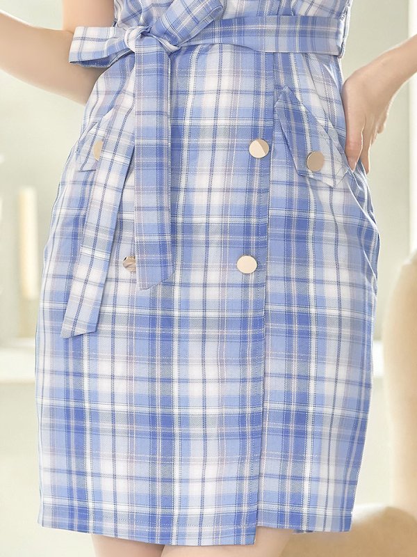 画像6: SALE!チェックキャミリボンドレス/ノースリーブ/ボタン/リボンベルト/谷間見せ/背中見せ/ミニドレス/キャバドレス 【XS-Mサイズ/1カラー】[HC02-U] 【YN】dzw