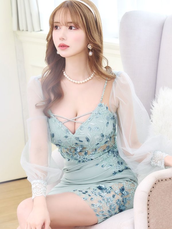 画像18: 【送料無料!】刺繍ミニドレス/スパンコール/シアー袖/キャバドレス 【XS-Lサイズ/4カラー】[HC02-X] 【YN】dzk