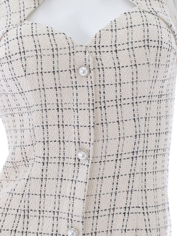 画像17: ミルキーツイードチェックドレス/パール/ボタン/チュール袖/刺繍レース/透け/谷間見せ/キャバドレス【XS-Lサイズ/1カラー】[HC02]【YN】dzw