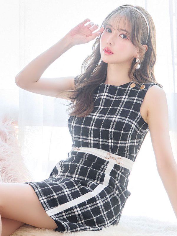 画像2: SALE!フェイクベルトチェックツイードミニドレス/キャバドレス【S-Lサイズ/1カラー】[OF08] 【YN】dzw