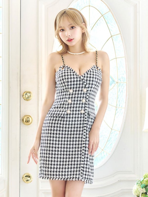 画像2: SALE!千鳥格子ダブルボタンミニドレス/チェーンストラップ/ノースリーブ/谷間見せ/背中見せ/ミニドレス/キャバドレス 【XS-Mサイズ/1カラー】[HC02-U]