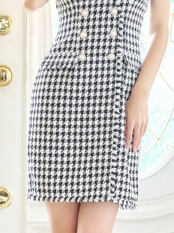 画像11: SALE!千鳥格子ダブルボタンミニドレス/チェーンストラップ/ノースリーブ/谷間見せ/背中見せ/ミニドレス/キャバドレス 【XS-Mサイズ/1カラー】[HC02-U]