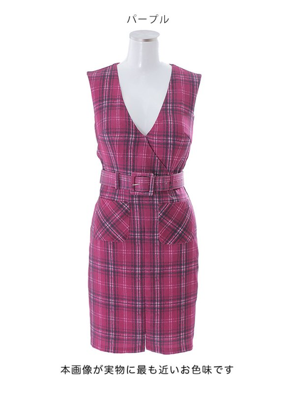 画像18: SALE!ノースリーブチェックドレス/Vネック/デザインベルト/谷間見せ/背中隠し/ミニドレス/キャバドレス【XS-Lサイズ/1カラー】[HC02] 【YN】dzw