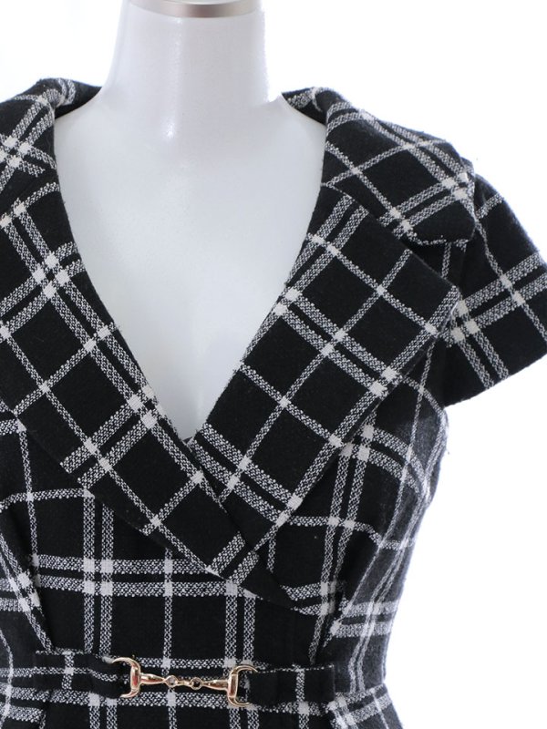 画像14: チェック柄襟付きデザインタイトドレス/ベルトデザイン/谷間見せ/ミニドレス/キャバドレス【XS-XLサイズ/1カラー】[HC02] 【YN】dzw