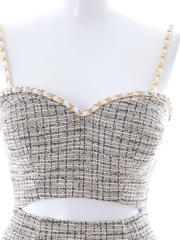 画像15: ツイード風ニットドレス/キャミソール/ノースリーブ/チェーン/肌見せ/谷間見せ/タイト/ミニドレス/キャバドレス【XS-Mサイズ/1カラー】[HC02-U] 【YN】dzk