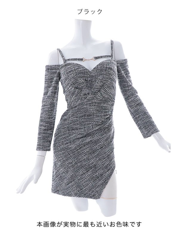 画像13: XSサイズ登場!ミックスツイードドレス/デザイン紐/オフショルダー/谷間見せ/背中見せ/ミニドレス/キャバドレス【XS-Lサイズ/1カラー】[HC02] 【YN】dzy